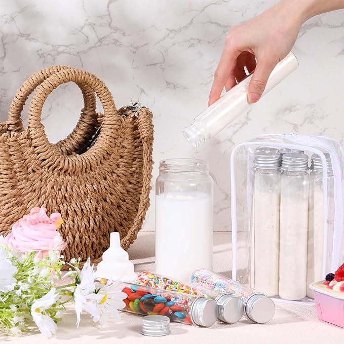 33 Pcs Protein Powder Travel Container Set 21 Pcs 90ml Reusable Powder Supplement Plastic Tubes and Portable Travel Organizer Zip Up Bags Funnels Spoons and Labels for Workout, Fitness