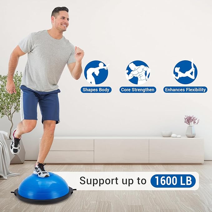 23/25in Balance Ball, 1600 lbs Half Exercise Ball with Nonslip Base, Inflatable Half Ball Balance Trainer, Stability Half Yoga Ball Strength Training Equipment with 2 Bands, Pump, Extra Ball Included