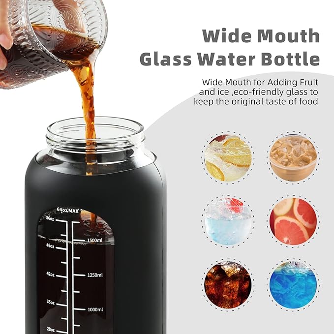 SIEROZUR 64 oz Glass Water Bottle with Straw and Handle Lid Half Gallon Motivational Glass Bottle with Silicone Sleeve and Time Marker Large Reusable Sports Water Jug for Gym Home Workout