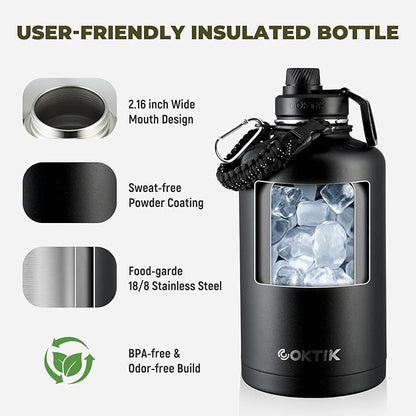COKTIK 84oz Insulated Water Bottle - Stainless Steel Vacuum Metal, Portable ½ Gallon Large-Capacity Sports Bottle with Straw, Carry Bag and Handle Strap, Ideal for Gym & Hiking（Black)