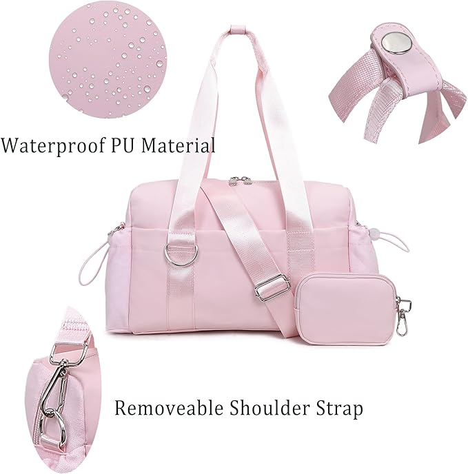 Everyday Mini Gym Bag for Women 2.0, Small Tote with Zipper Compartment Waterproof Travel Duffle Cute Handbag Workout Carry On with Removeable Shoulder Strap & Coin Wallet Easy to Clean - Pink