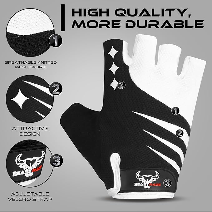 BEAST RAGE Half Finger Cycling Gloves for Men Women, Gel Padded Anti-Slip Shock Absorbing Weight Lifting Gym Gloves Cycle Mountain Bike Gloves for MTB, Biking, Hiking