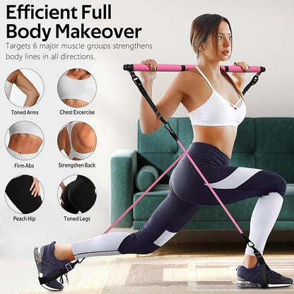 Pilates Bar Kit with Resistance Bands, Multifunctional Pilates Bar for Women & Men with Heavy-Duty Metal Adjustment Buckle, Pilates Home Equipment for Full BodyWorkouts