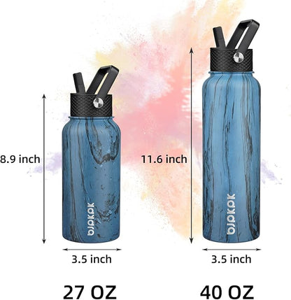 BJPKPK Insulated Water Bottles with Straw Lid, 40oz Stainless Steel Water Bottles with 3 Lids, BPA Free Leakproof Thermo, Tumblers, Cups for Sports- Wood Prussian Blue