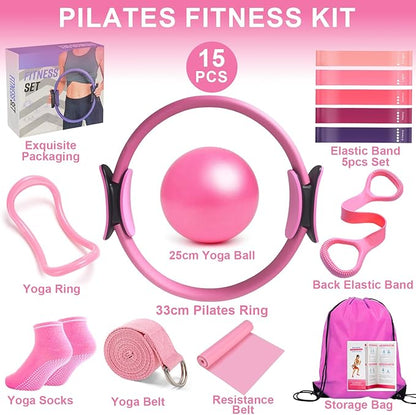 Pilates Ring Equipment Set, Home Pilates Kit for Women with 13’’ Magic Ring with Dual Padded Handles, Small Pilates Ball, 5 Resistance Bands & Complete Fitness Guide, Pilates Essential Accessories