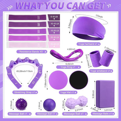 24 Pcs Home Pilates Essentials Kit for Women, Pilates Equipment Ring and Ball Set with Stretching Strap, Water Bottle, Magic Circle, Yoga Ring, Gym Bag, Resistance Band, Anti Slip Socks