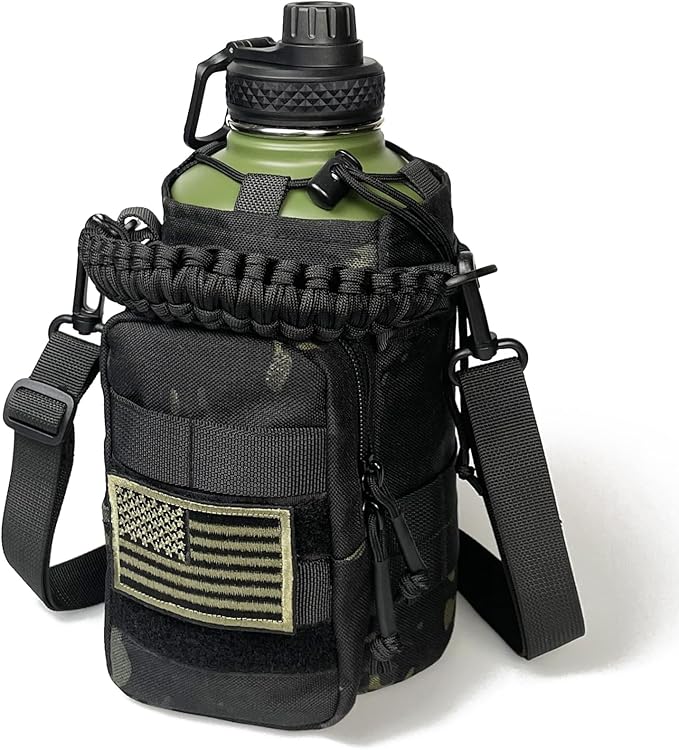 64 Oz Water Bottle with Sleeve - Military Green Half Gallon Insulated Water Jug with Handle - Stainless Steel Sports Bottle for Gym Workout Hiking Camo Black Pouch