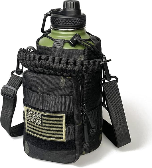 64 Oz Water Bottle with Sleeve - Military Green Half Gallon Insulated Water Jug with Handle - Stainless Steel Sports Bottle for Gym Workout Hiking Camo Black Pouch