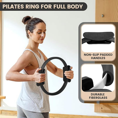 Pilates Essentials Kit for Home Workouts Women, Black Pilates Equipment Set with 9 Inch Yoga Ball, Pilates Slider, Resistance Band, yoga straps for stretching, Pilates Ring and Ball Set for Beginners