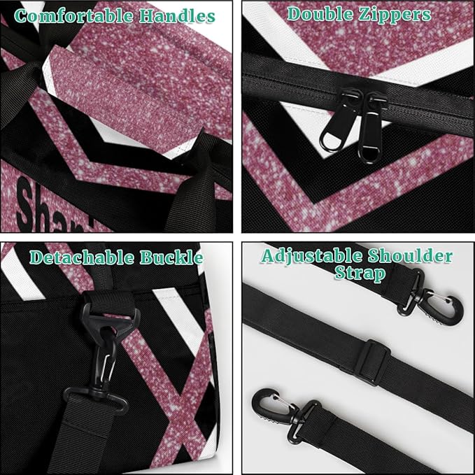 Personalized Cheerleaders Duffle Bag for Girls, Customized Training Bag with Glitters, Dark Pink Overnight Weekender for Cheerleading & Outdoor Use