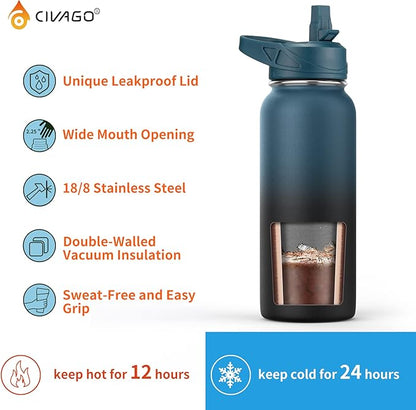 CIVAGO 64 oz Insulated Water Bottle With Straw, Half Gallon Stainless Steel Sports Water Flask Jug with 3 Lids (Straw, Spout and Handle Lid), Large Metal Thermal Cup Mug, Sage