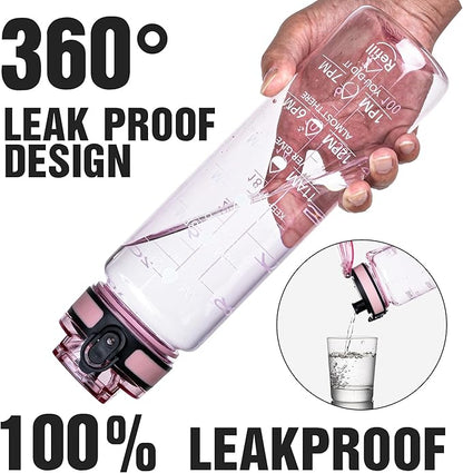 OLDLEY Water Bottle, 32oz Motivational Sports Water Bottle with Time Marker - Times to Drink - Tritan, BPA Free, Wide Mouth Leakproof, Anniversary Birthday Gifts for Men Women, Clear Pink