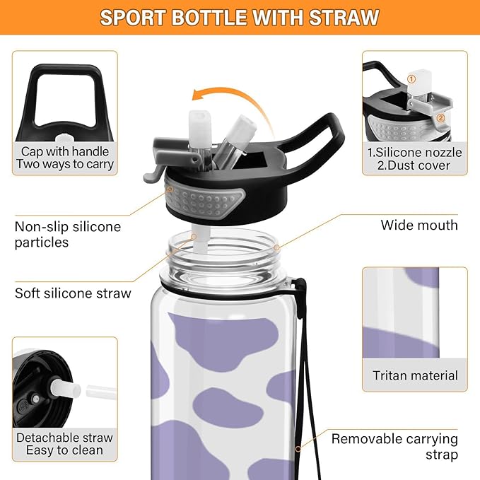 Fustylead Purple Cow Print Tritan Water Bottle with Straw and Lids, 32 oz Reusable BPA Free Sport Water Bottle for Gym Camping Hiking Travel