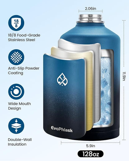 1 Gallon Water Bottle Insulated(Cold for 48Hrs), Large Stainless Steel Water Bottle BPA Free, 128 oz Leak Proof Gallon Water Jug for Sport, Hiking, Camping, Travel, Indigo Black
