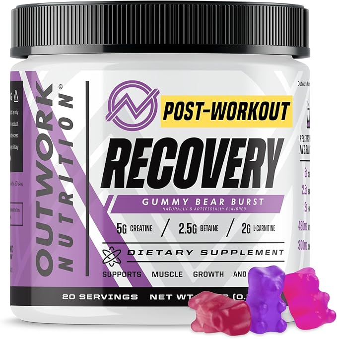 Outwork Nutrition Post Workout Recovery Powder - Creatine Monohydrate, KSM-66 Ashwagandha & Tart Cherry - Speeds Recovery, Eases Soreness - Creatine Powder for Men & Women, Gummy Bear Burst, 230 Gr