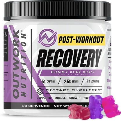 Outwork Nutrition Post Workout Recovery Powder - Creatine Monohydrate, KSM-66 Ashwagandha & Tart Cherry - Speeds Recovery, Eases Soreness - Creatine Powder for Men & Women, Gummy Bear Burst, 230 Gr
