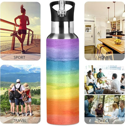 Colorful Stripe Rainbow Water Bottle Vacuum Insulated Stainless Steel Mug Kids Water Bottle with Straw and Handle Keep Hot Cold Sport Bike Fit Travel Outdoor 20 oz