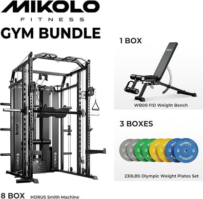Mikolo Smith Machine with Weight Stack, Power Cage Home Gym System with LAT Pulldown & Cable Crossover, Multi-Functional Trainer with Dual Pulley System, Includes 10+ Free Attachments