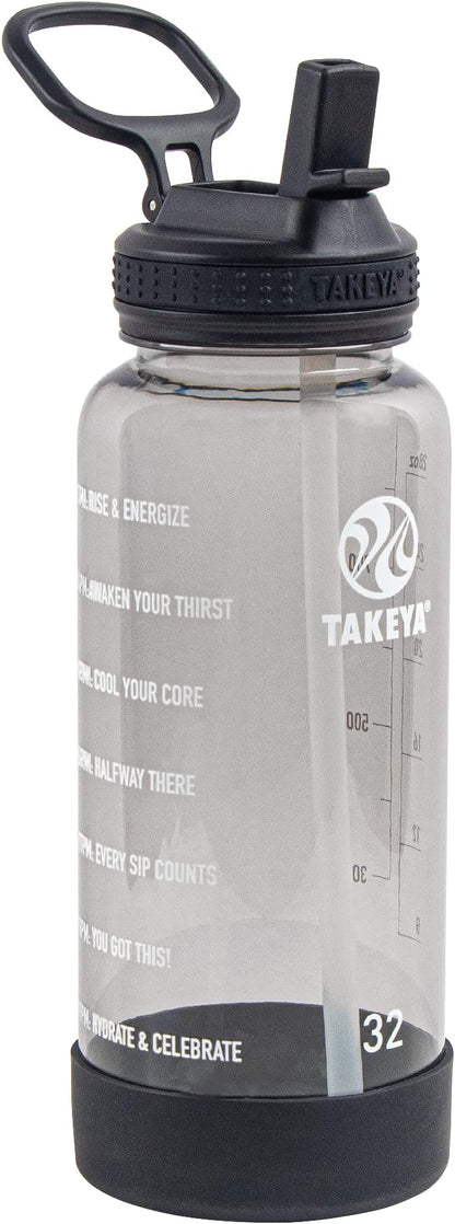 Takeya Tritan 32 oz Motivational Water Bottle with Straw Lid - Durable, BPA-Free - With Time Marker - Leakproof & Non-Slip Bumper - Stormy Black