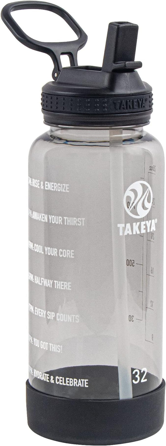 Takeya Tritan 32 oz Motivational Water Bottle with Straw Lid - Durable, BPA-Free - With Time Marker - Leakproof & Non-Slip Bumper - Stormy Black
