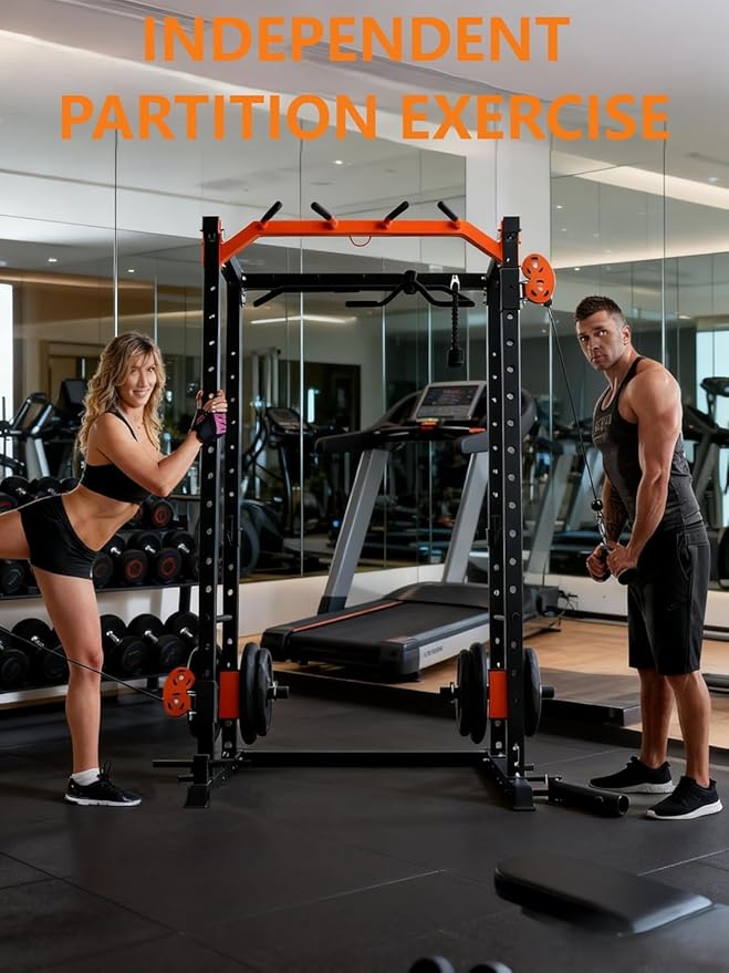 Power Cage for Home Gym, 2000LBS Power Squat Rack with Cable Crossover & Pulley System, Workout Cage Smith Machine for Full Body Strength Training