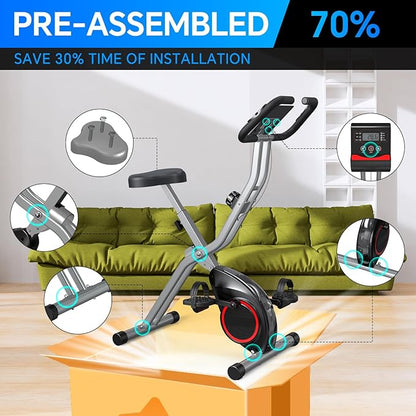 Foldable Exercise Bike Stationary Bikes for Home, 5 IN 1 Indoor Workout Bike, Cycling Bike with 16-Level Quiet Magnetic Resistance, 6.6 LBS Flywheel and 300LBS Capacity for Senior and Home Workout