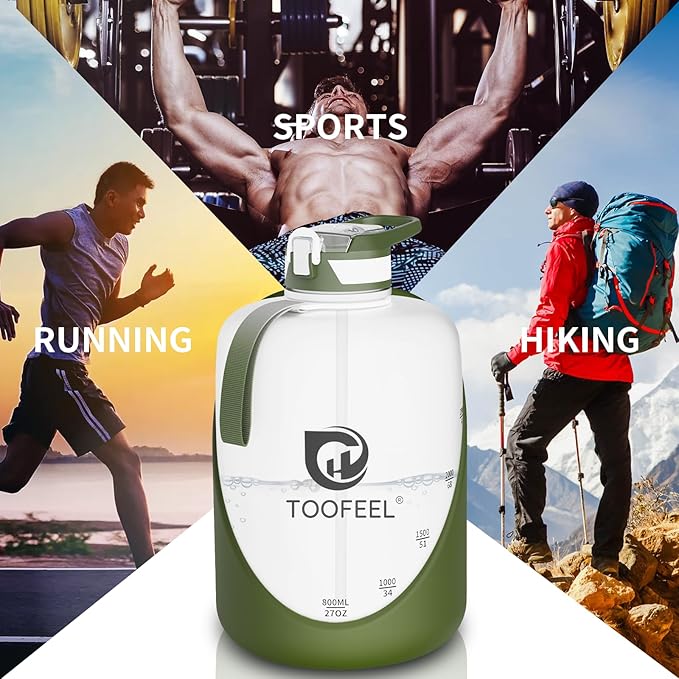 TOOFEEL 1 Gallon Water Bottle - 128 oz with Straw & Chug Lid - BPA Free, Gym & Travel Bottle - Military Green and White