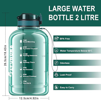 GIFUBOWA 64oz Sports Durable Water Bottle with Handle Leak Proof 2000ml Big Bottle with Straw and Time Marking Ideal for Gym, Running Outdoor or Indoor Activities Clear Cyan