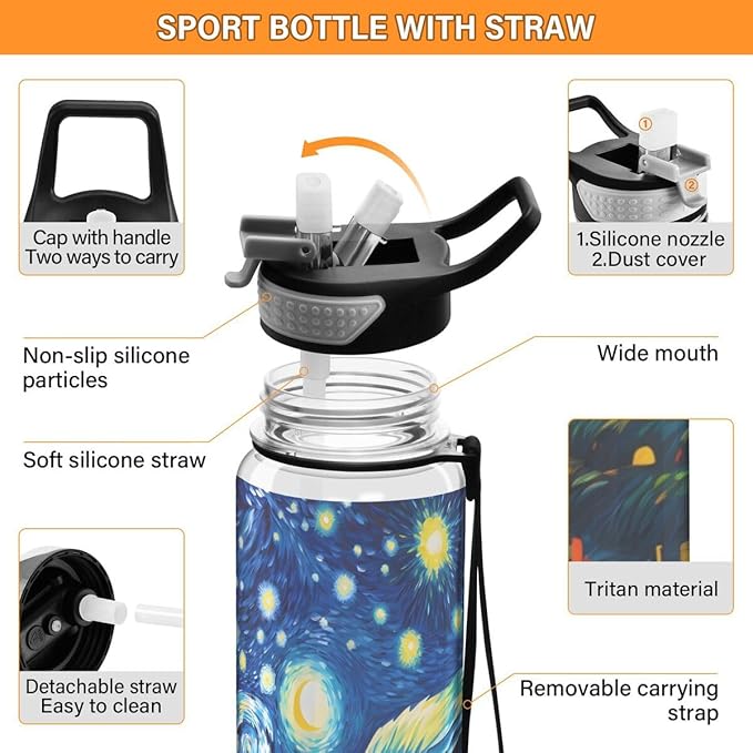 ALAZA Starry Night Mountain Art Sports Water Bottle with Straw Tritan Drink Bottle 32 oz BPA Free Reusable for Travel Outdoor Fitness