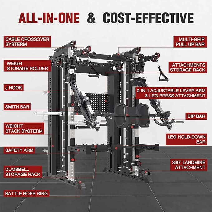 FAGUS Commercial Smithe Machine with Dual Weight Stacks, Power Cage Squat Rack with Lever Arm & Leg Press Attachment, Multi-Function Linear Bearing Cable Crossover Machine for Home Gym