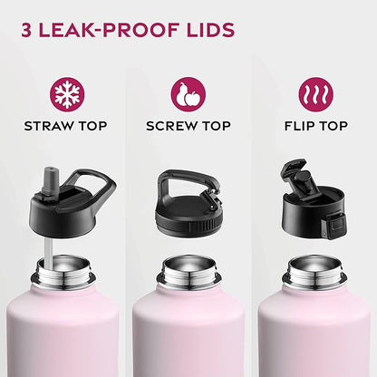 FineDine Water Bottle - Stainless Steel Insulated Water Bottle with Straw Lid, Flip Lid & Wide-Mouth Cap - Keeps Hot and Cold - 64 Oz / 1.89L - Majestic Sapphire