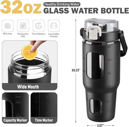 BLUEGO 32oz Glass Water Bottles with Straw Time Marker Half Gallon Large Motivational Water Bottle with Silicone Sleeve 2 Liter Large Glass Water Jug for Gym, Sports& Workout, Daily, Black