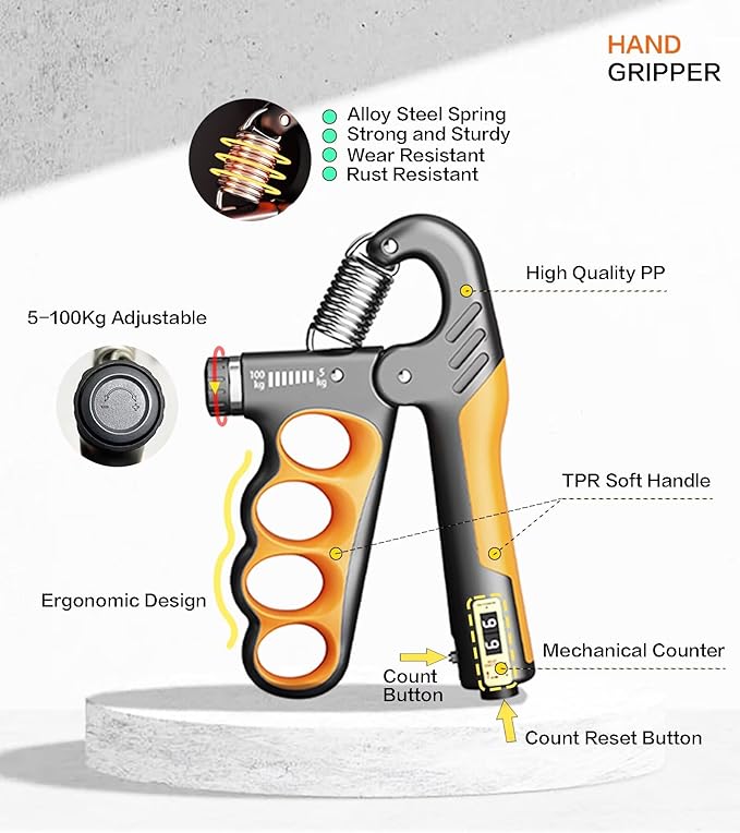 Grip Strength Trainer with Automatic Counter, Hand Gripper Strengthener, 11-220 lbs (5-100 kg) Adjustable Forearm Exerciser, Suitable for Athletes Musicians and Hand Rehabilitation Trainers