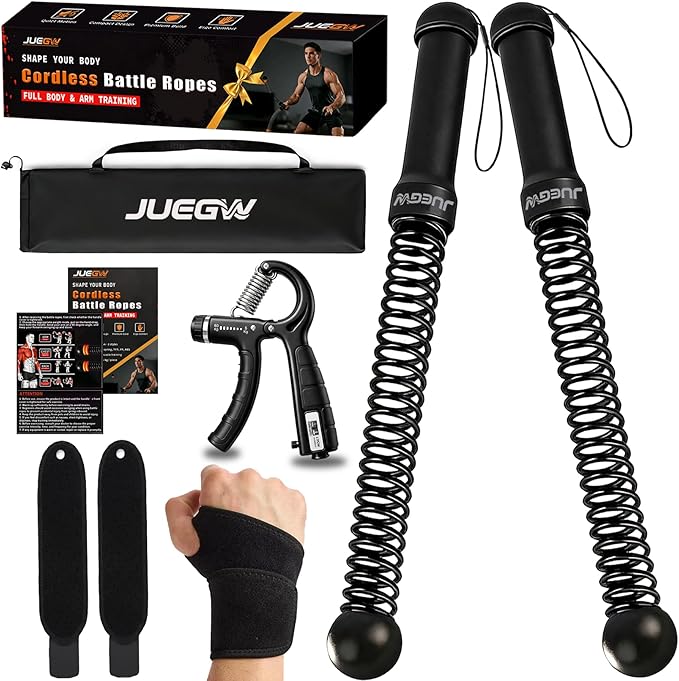 Cordless Battle Ropes for Home Workout – Ropeless HIIT & Strength Training Kit with Hand Gripper & Wrist Wraps – Portable Full Body Fitness Equipment for Small Spaces