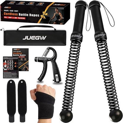 Cordless Battle Ropes for Home Workout – Ropeless HIIT & Strength Training Kit with Hand Gripper & Wrist Wraps – Portable Full Body Fitness Equipment for Small Spaces