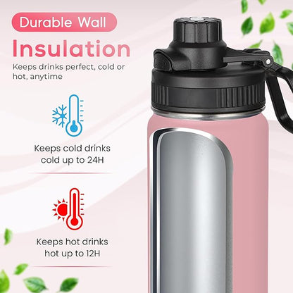 Y TOP 24oz Insulated Water Bottle Leak Proof Spout Lid Fits in Car Cup Holder – Double Wall Dishwasher Safe Easy Clean stainless steel drinking water bottle for Gym Kids Sports Travel Hiking School