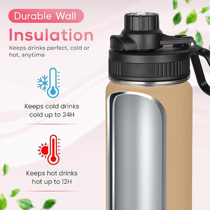 Y TOP 24oz Insulated Water Bottle Leak Proof Spout Lid Fits in Car Cup Holder – Double Wall Dishwasher Safe Easy Clean stainless steel drinking water bottle for Gym Kids Sports Travel Hiking School