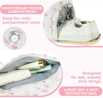 Gym Bag Sports Duffle Bag with Wet Pocket Weekender Overnight Bags with Waterproof Shoe Pouch and Air Hole for Girls Kids Women Workout Travel Bags (Bow Flower-Beige)