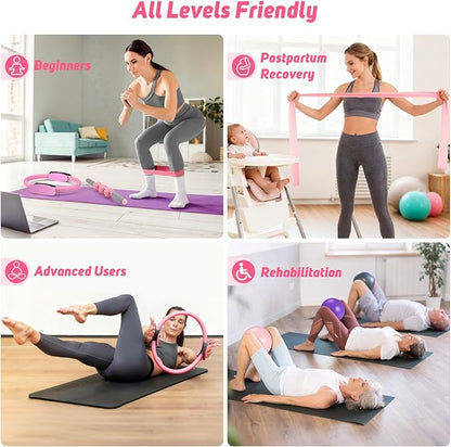 Asten Home Pilates Kit for Women: Pilates Equipment Pilates Ring and Ball Set with Resistance Bands, Core Slider, Foam Roller, Pilates Essentials Kit for Beginner Home Workout, Compact Toning Fitness