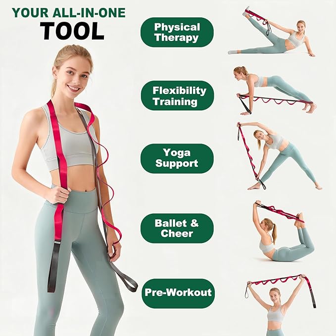 Stretching Strap with 10 Loops – Non-Elastic Yoga Strap for Physical Therapy, Knee Replacement Recovery & Plantar Fasciitis – Leg Stretcher Band for Flexibility & Hamstring Rehab