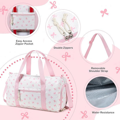 Gym Bag Duffle Bag with Wet Pocket Weekender Overnight Sports Duffels with Shoe Compartment for Girls Kids Women Travel Dance Cheer Bags (Pink Bow Pattern)