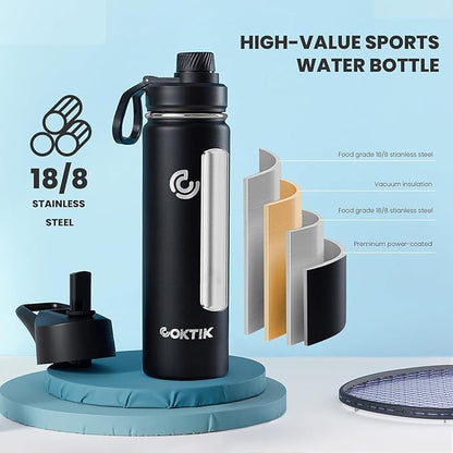 40 Pack 22 oz Sports Water Bottle With Straw,2 Lids, Stainless Steel Vacuum Insulated Water Bottles,Leakproof Lightweight, Keeps Cold and Hot, Great for Travel(Black)