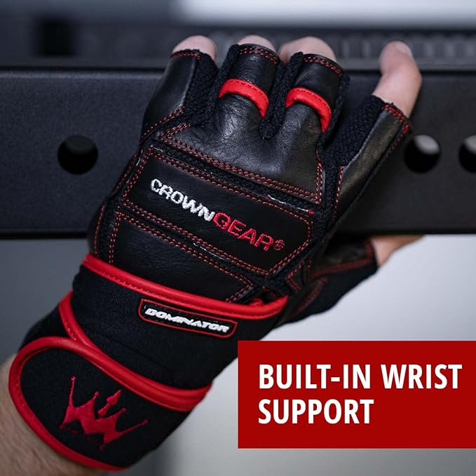 Weightlifting Gloves for Gym Fitness Bodybuilding - Dominator Leather Crossfit Cross Training Gloves Wrist Strap Wrap - Best Weight Lifting Gloves with Wrist Support for Heavy Lifting