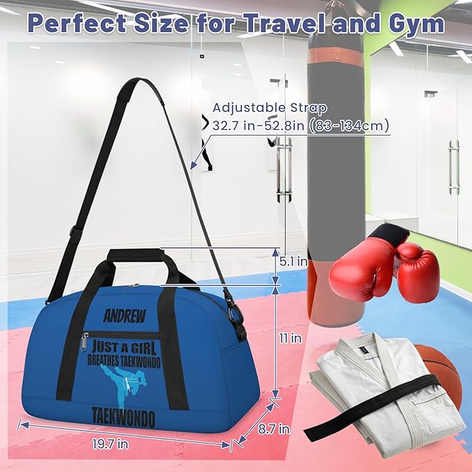 Custom Name Taekwondo Karate Duffle Bag for kids Girls - Personalized Martial Arts Gear Bag, Water-Resistant Sparring Equipment Bag, Taekwonbo Blue