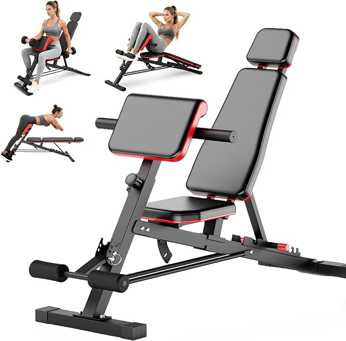 ALSO GO Adjustable Weight Bench, Workout Benches with Leg Extension & Extended Headrest, Foldable Incline Decline Bench Press, Roman Chair, Full Body Strength Training Equipment for Home Gym
