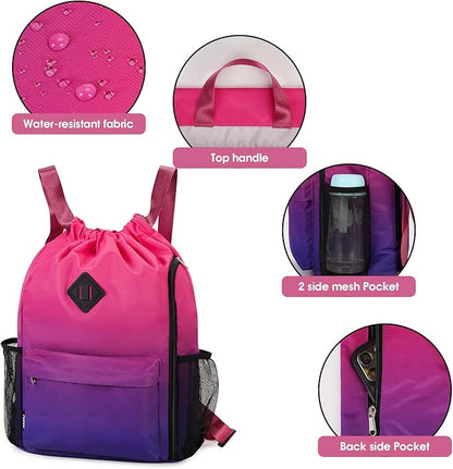 WANDF Drawstring Backpack Sports Gym Bag with Shoes Compartment, Water-Resistant String Backpack Cinch Bag for Women Men (Rose Gradient)
