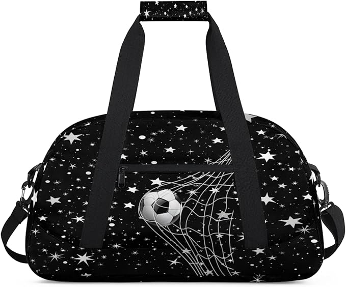 Soccer Sports Duffel Bag, Weekender Gymnastics Training Bag for Men Traveling Business Trip, Soccer Goal Stars Pattern Black