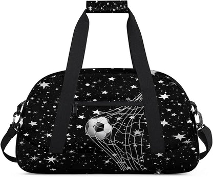 Soccer Sports Duffel Bag, Weekender Gymnastics Training Bag for Men Traveling Business Trip, Soccer Goal Stars Pattern Black