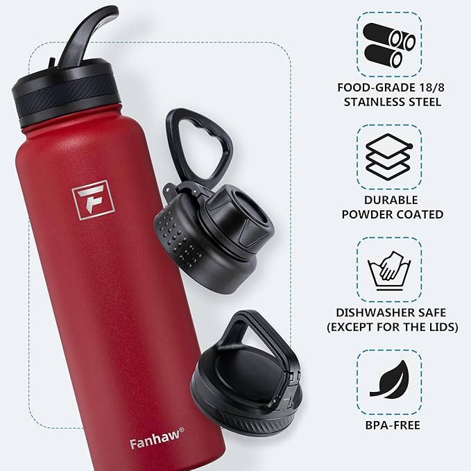 Fanhaw 40 oz Insulated Water Bottle – Stainless Steel Flask with 3 Lids (Straw, Spout, Carabiner) | Durable, Leakproof, for Hiking, Camping, Outdoor Adventures & Travel (Red)