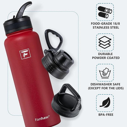 Fanhaw 40 oz Insulated Water Bottle – Stainless Steel Flask with 3 Lids (Straw, Spout, Carabiner) | Durable, Leakproof, for Hiking, Camping, Outdoor Adventures & Travel (Red)